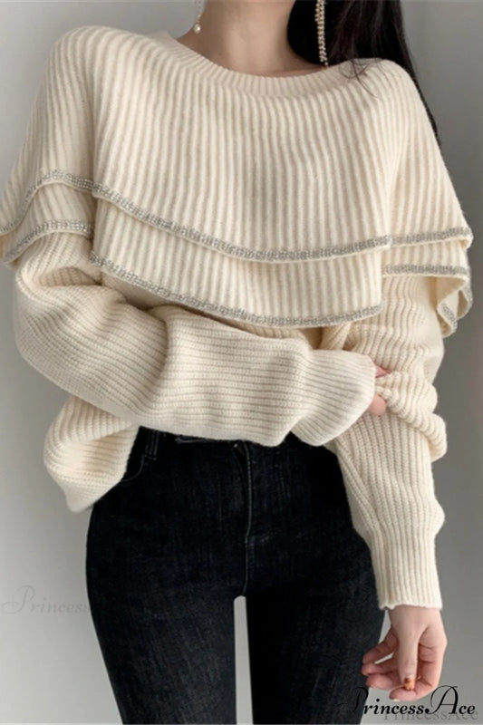 Double Ruffled Off-Shoulder French Vintage Knit Top