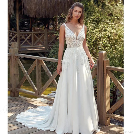 Double Strap Deep V-Neck Lace Wedding Dress lvory white / 2 weddingdress-250223
