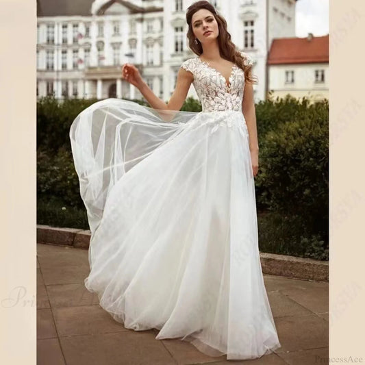 Double Strap Lace V-Neck Wedding Dress lvory white / 2 weddingdress-250223