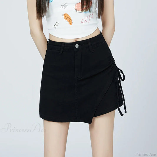 Drawstring Khaki Casual Skirt Black / S