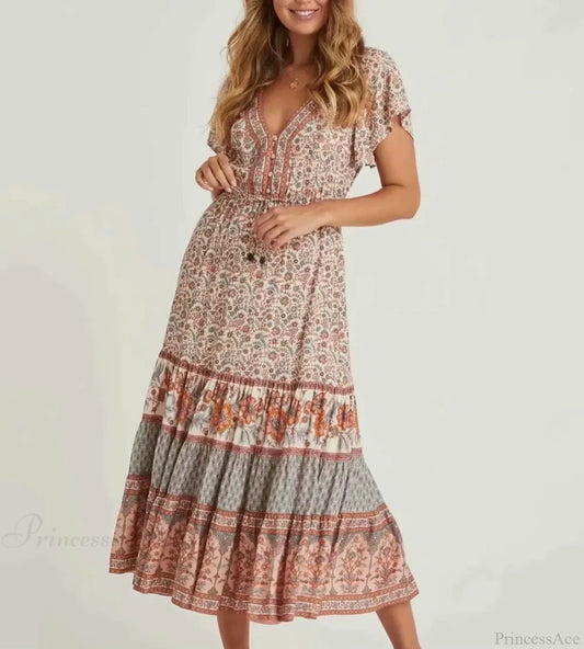 Drawstring Waist Midi Dress Vintage Floral Cotton Casual Summer Dress Beige / S bohodress-250126