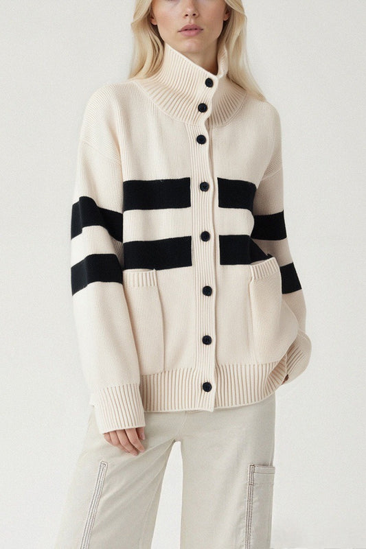 Color Block Stripe Turtleneck Loose Plus Size Knit Cardigan