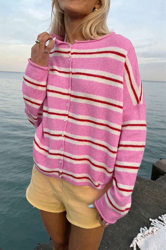 Striped Crew Neck Button Front Cardigan