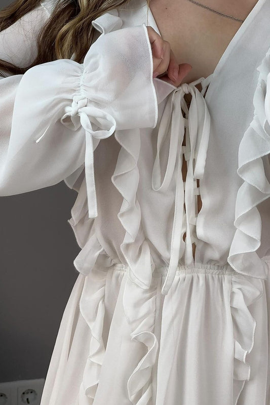 Robe bohème à manches longues et volants en mousseline