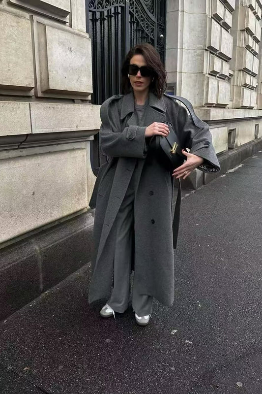 Double-Breasted Belted Slim-Fit Woolen Long Overcoat