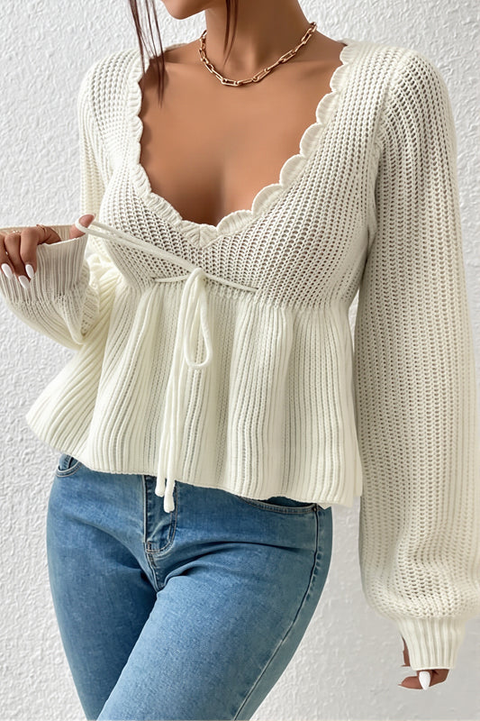 Drawstring Peplum V Neck Sweater