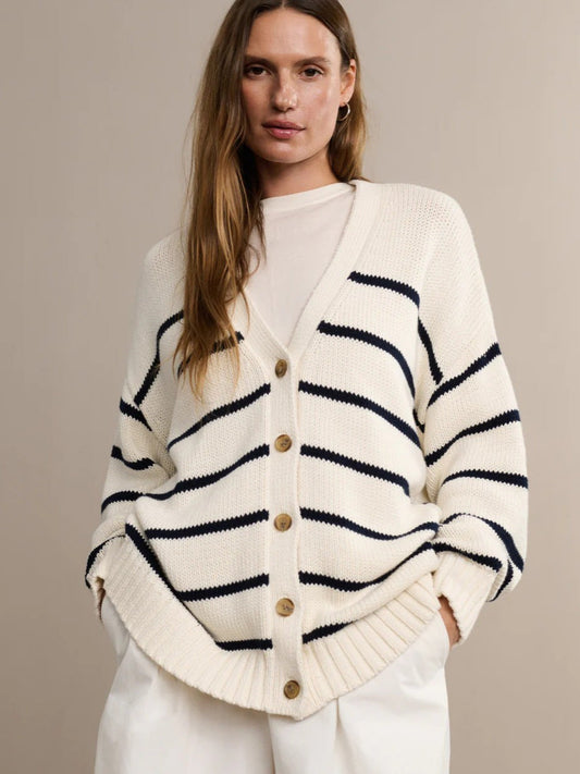 Striped V Neck Knit Cardigan White / S
