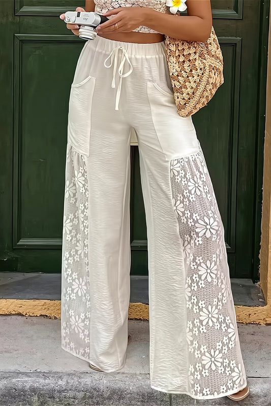 Lace Panel Drawstring Wide Leg Pants