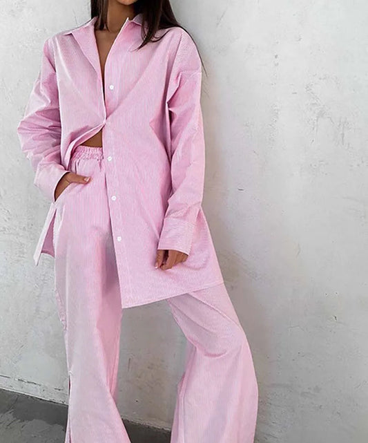 Blue Cotton Print Lapel Straight Pants Office Two Piece Set