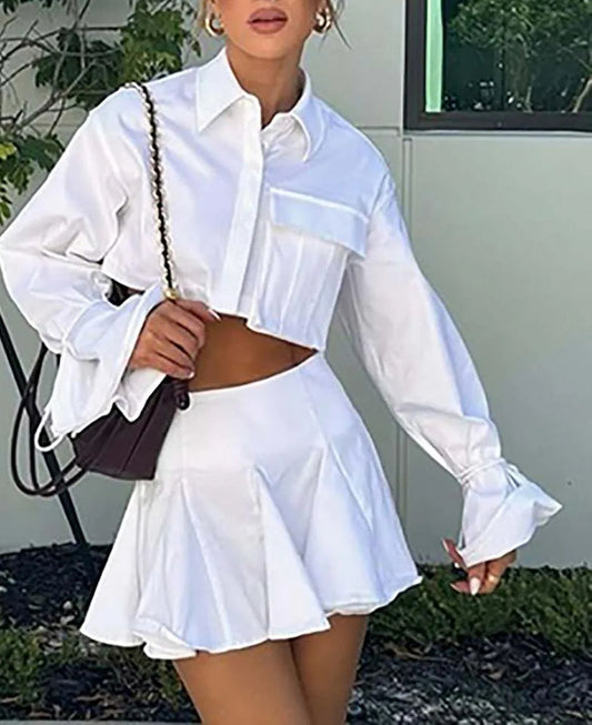 White Pockets Crop Pleated Mini Office Two Piece Set