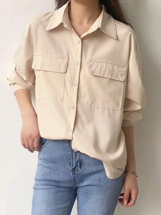 Solid Harajuku Lapel Blouse Casual Blouse Beige / S blouse-250126