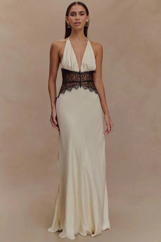 Lace Patchwork Backless Halter Boho Dress White / S