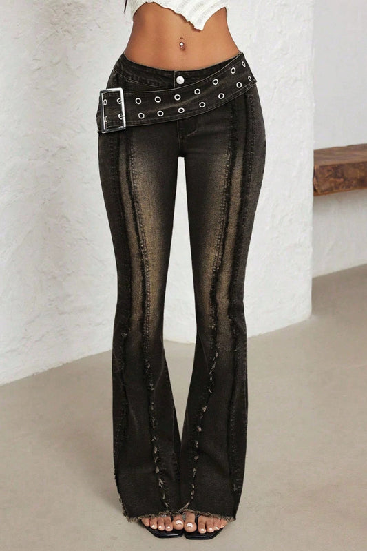 Studded Belt Low Rise Flare Jeans