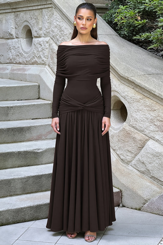 Drop Waist Pleated Off Shoulder Maxi Dress