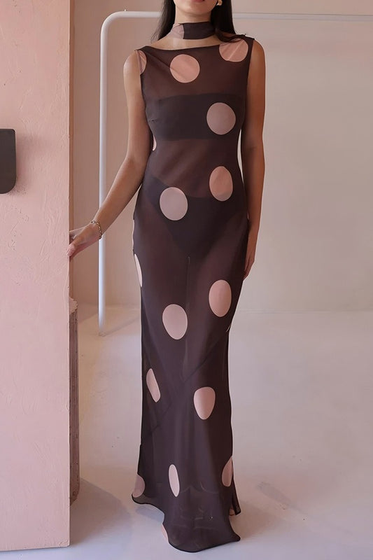 Vintage Polka Dot Sleeveless Bodycon Maxi Dress