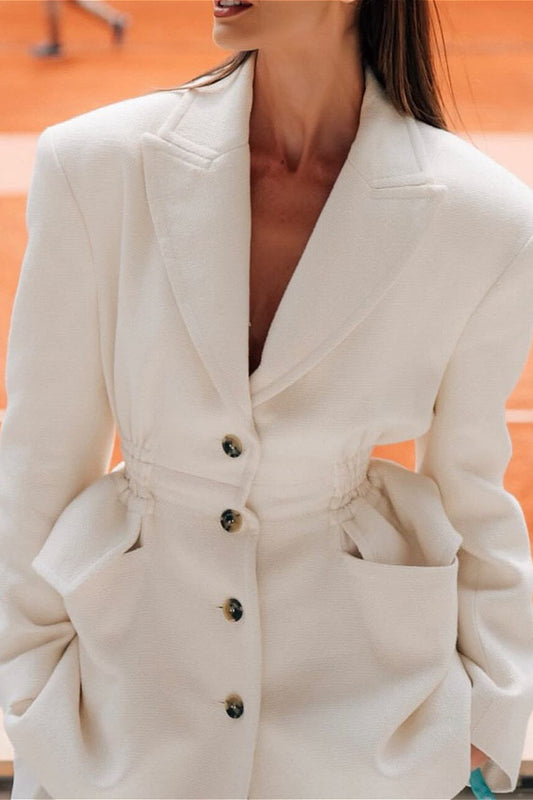 White V Neck Waist Cinched Blazer