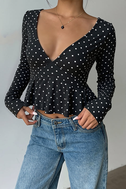Polka Dot Peplum Wrap Blouse