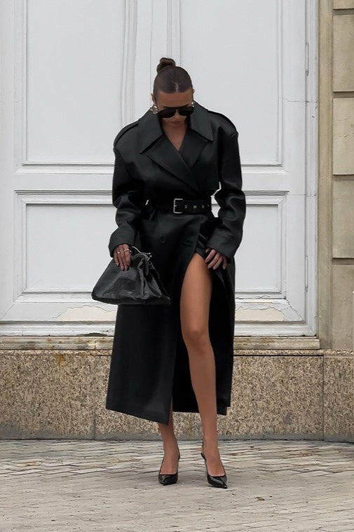 Knee-Length Heavy-Detail Faux Leather Overcoat