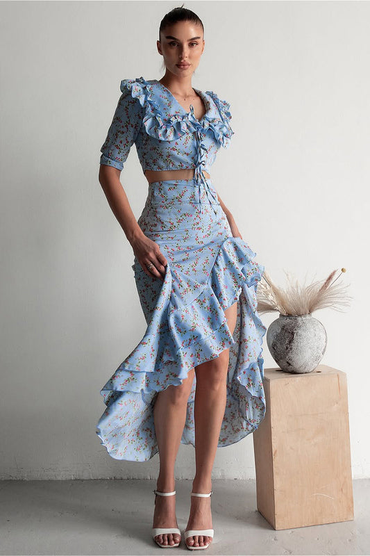 Floral Light Blue Ruffled Split Midi Skirt Two Piece Set