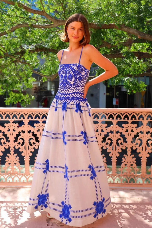 Elegant Lace Trim Blue-White Boho Dress