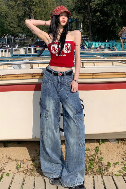 Denim Diagonal Split Wide Leg Cargo Pants