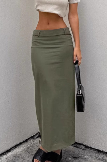 French Style Green High Waist Straight Midi Skirt