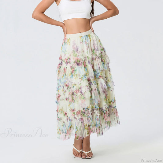 Early Fall Floral Print Ruffle Mesh Skirt Women A-line Midi skirt-250126