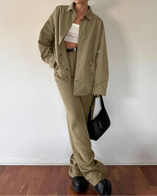 Brown Cotton High Waist Trousers Office Two Piece Set