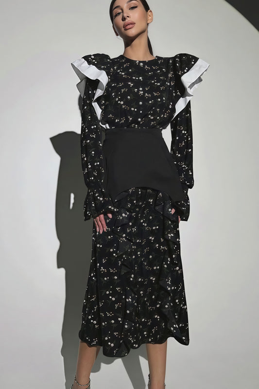 Detachable Waistband Long Sleeve Floral Skirt Set