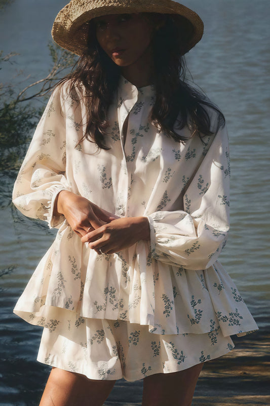 Puff Sleeve High Neck Ruffle Floral Two Piece Set