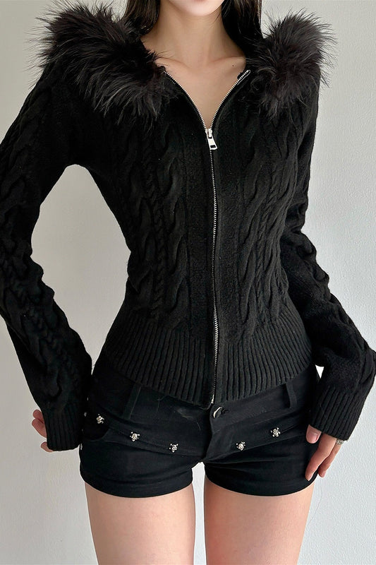 Faux Fur Hood Zip Front Cardigan