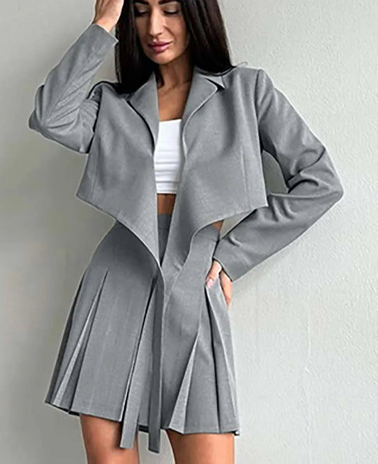 Grey Lace-Up Pleated Mini Office Two Piece Set