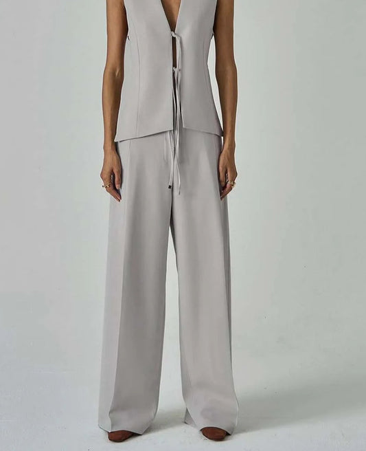 Grey Button Shirt Lace-Up Pants Office Two Piece Set