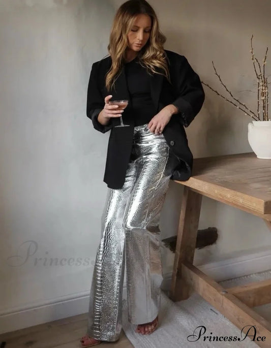 Silver PU Leather Scale High Waist Straight Pants