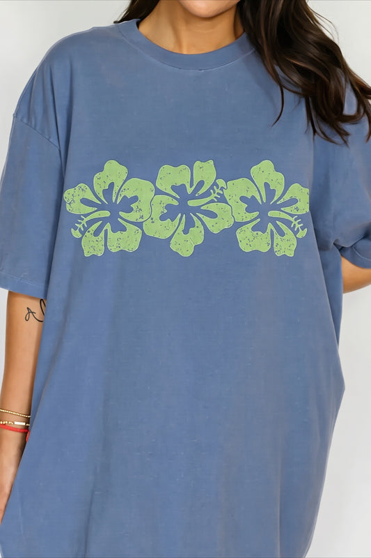 Hibiscus Print Washed Oversized T-Shirt