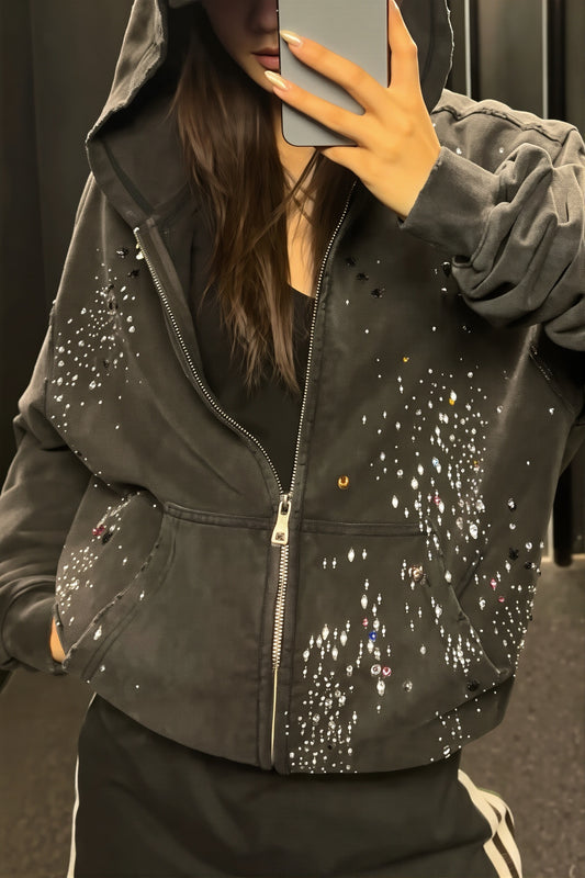 Rhinestone Washed Zip Hoodie