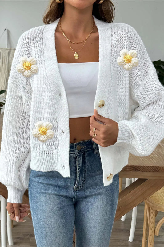 Short Floral Knit Long Sleeve Cardigan