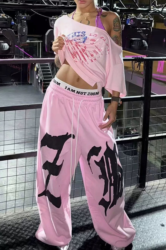 Drapey Letter Graphic Drawcord Curved Sweat Pants