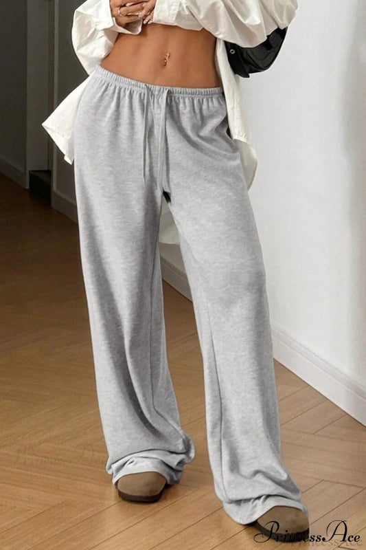 Elastic Waist Drawstring Wide Leg Pants Grey / S