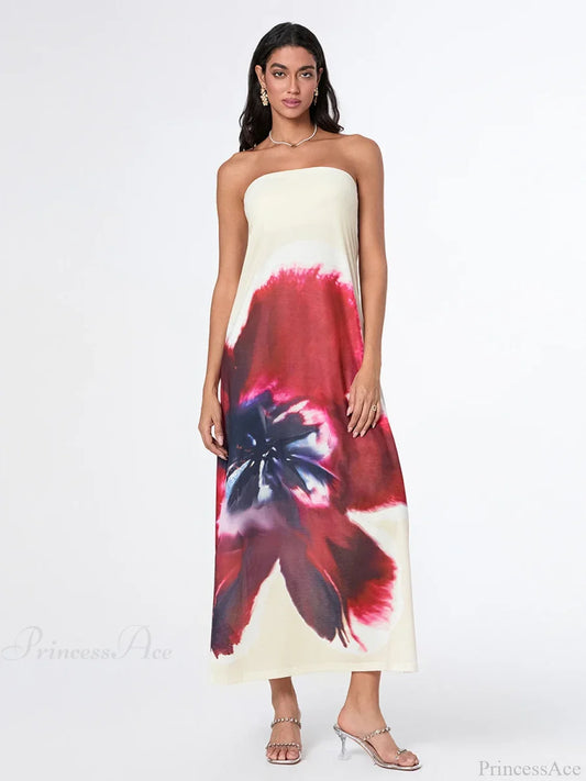 Elegant Floral Strapless Loose Fit Floral Dress WHITE1 / S floraldress-250126