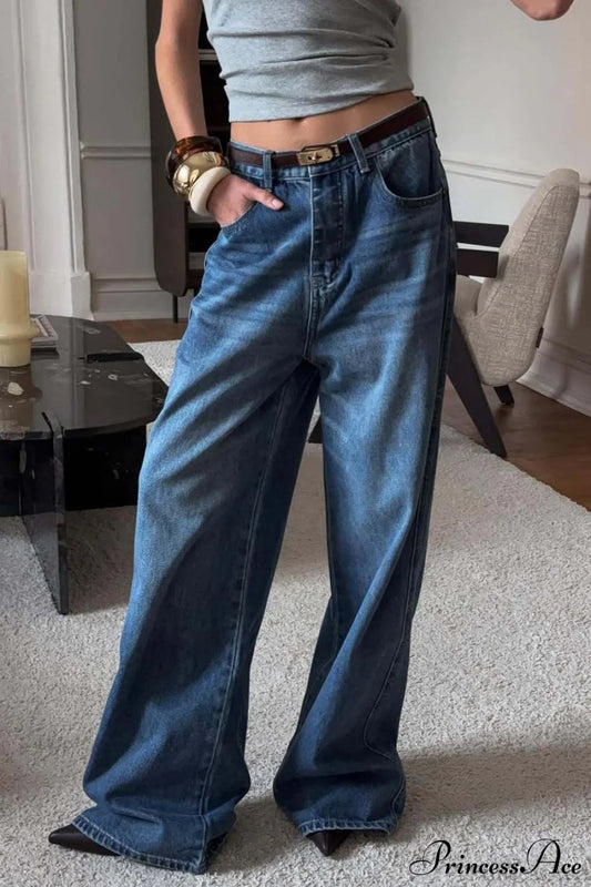 Elegant High Waist Loose Straight Leg Jeans Blue / S