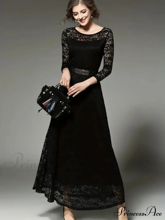Elegant Lace Party Casual Dress With 3/4 Sleeves Xs / Black Black Long Sleeve Lace Dress