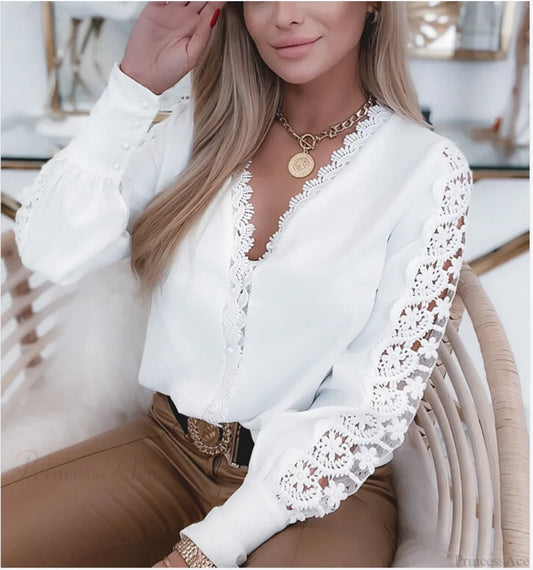 Elegant Lace Patchwork White Blouse blouse-250126