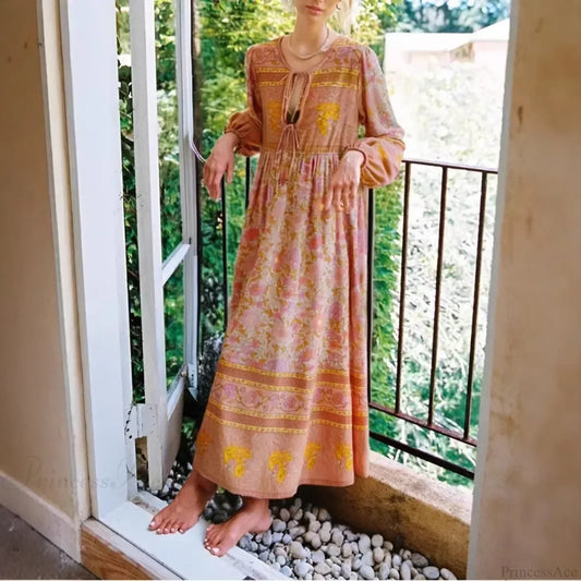 Elegant Lace-up Tassel Floral Print Rayon Bohemian Maxi Kaftan Dress orange / S bohodress-250126