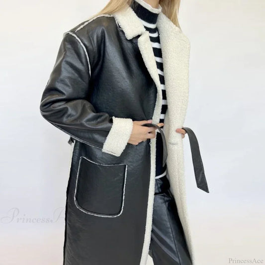 Elegant Lamb Wool PU Leather Belted Overcoat Black / S