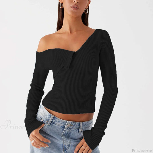 Elegant Off Shoulder Ribbed Solid Crop Slim Fit Knit Top Black / S knittop-250126