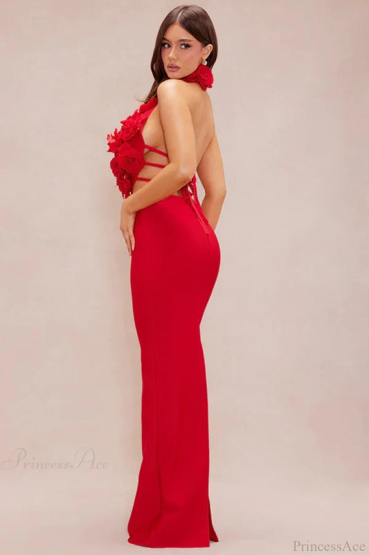 Elegant Red Floral Backless Maxi Bodycon Wedding Dress