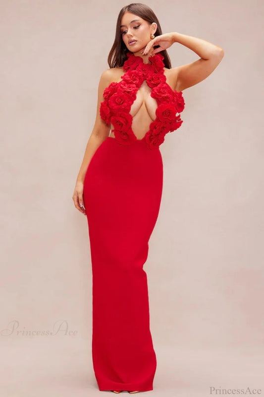 Elegant Red Floral Backless Maxi Bodycon Wedding Dress Red / S
