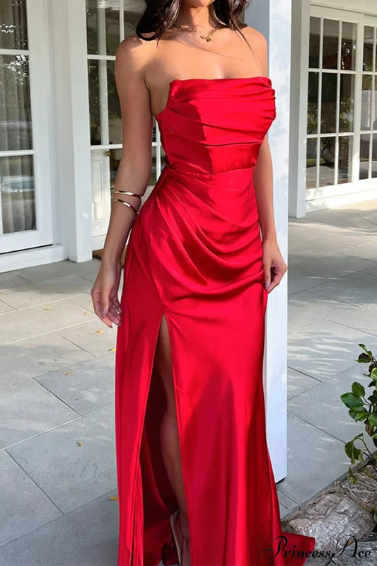 Elegant Ruched Side Slit Party Dress Red / S