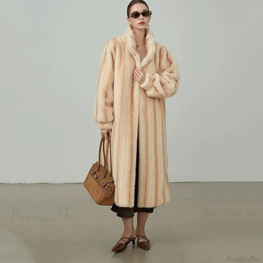 Elegant Standing Collar Faux Fur Mink Overcoat beige 1 / S